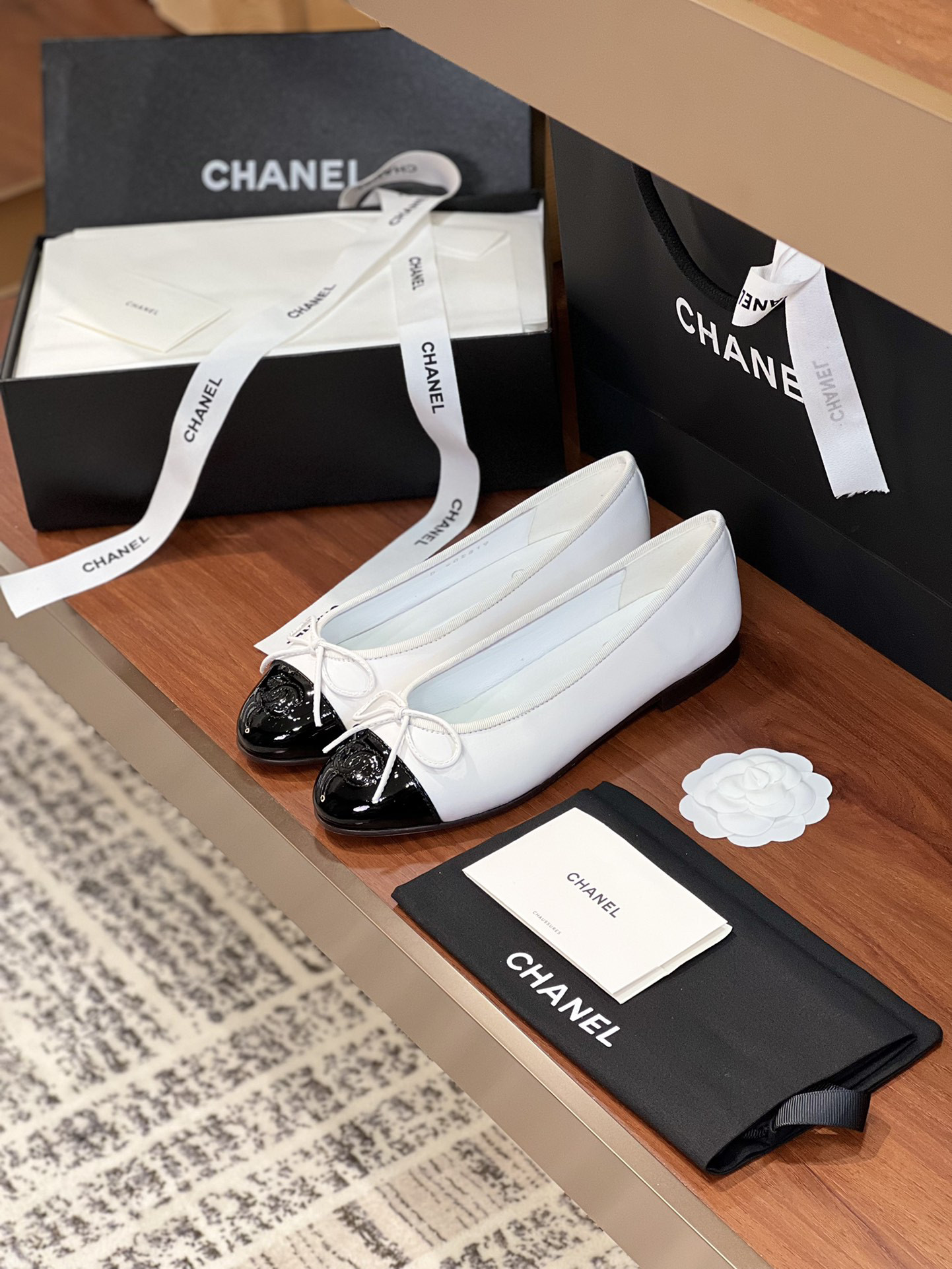 Ch*el BALLET FLATS Lambskin & Grosgrain White & Black