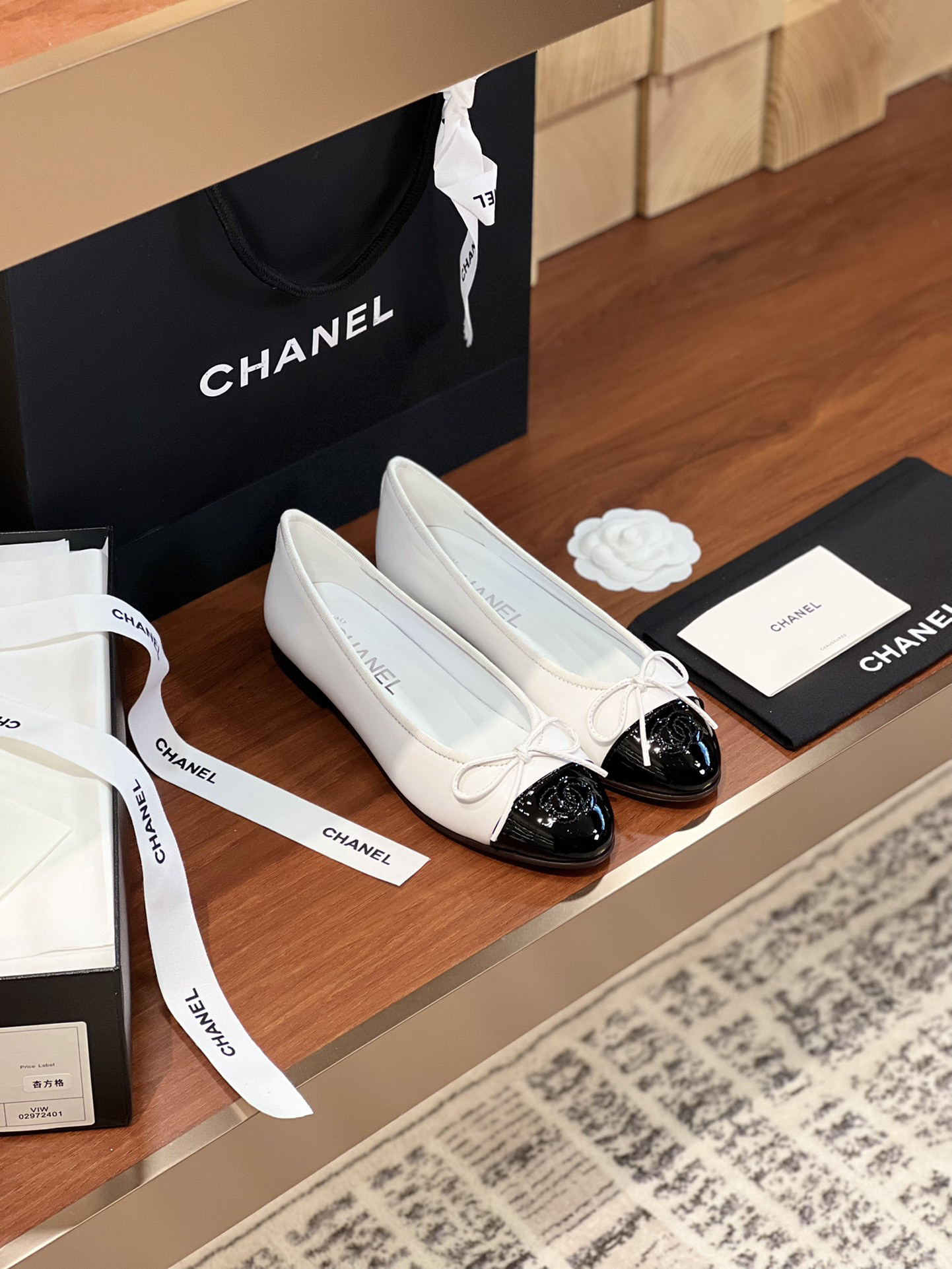 Ch*el BALLET FLATS Lambskin & Grosgrain White & Black