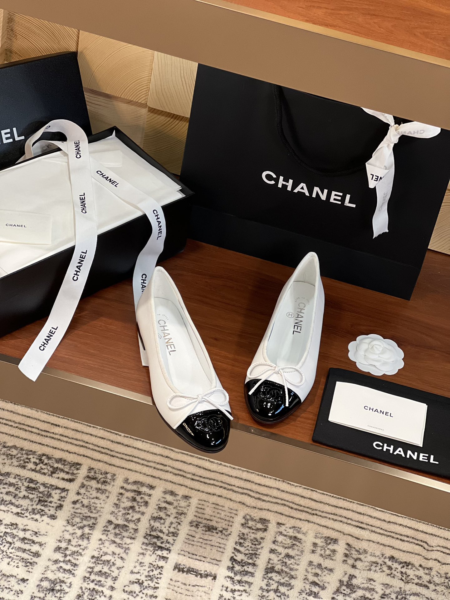 Ch*el BALLET FLATS Lambskin & Grosgrain White & Black