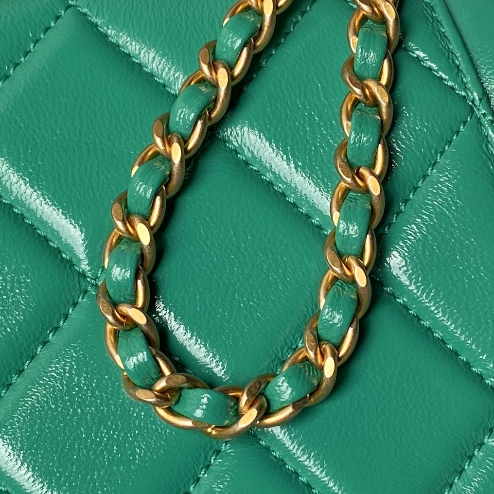 Ch*el MINI BAG WITH TOP HANDLE Shiny Lambskin & Gold-Tone Metal 12 × 18 × 7 cm