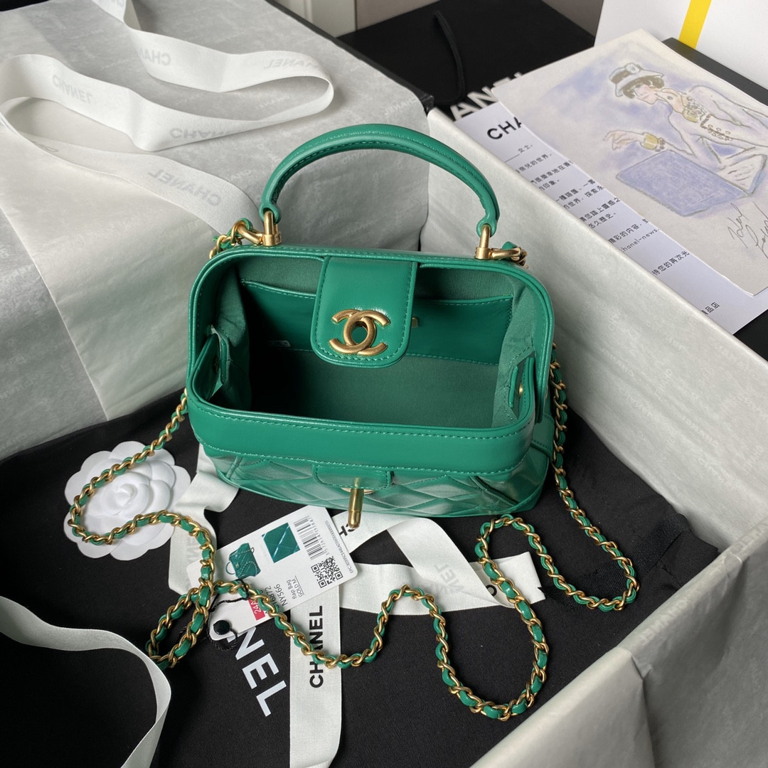 Ch*el MINI BAG WITH TOP HANDLE Shiny Lambskin & Gold-Tone Metal 12 × 18 × 7 cm