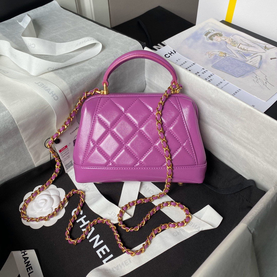 Ch*el MINI BAG WITH TOP HANDLE Shiny Lambskin & Gold-Tone Metal 12 × 18 × 7 cm