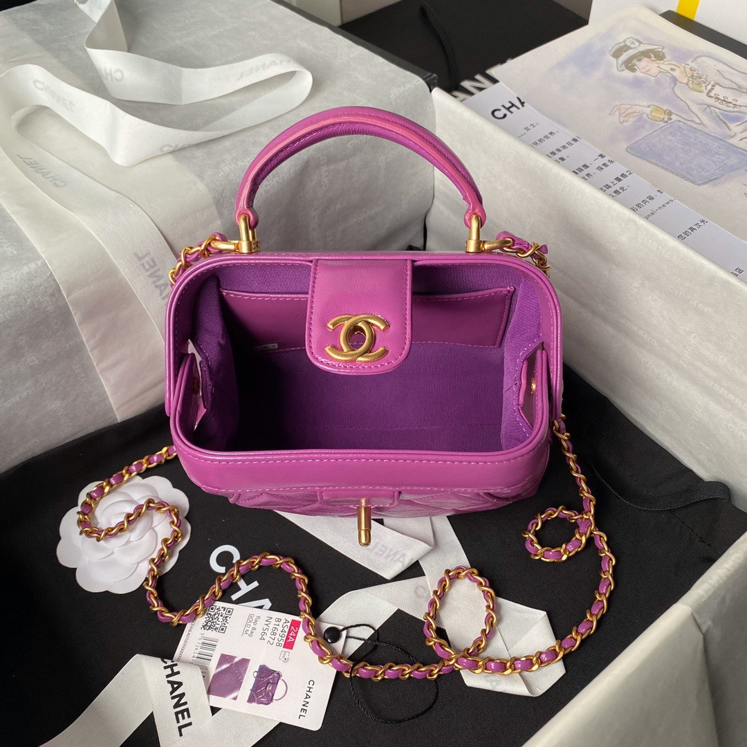 Ch*el MINI BAG WITH TOP HANDLE Shiny Lambskin & Gold-Tone Metal 12 × 18 × 7 cm