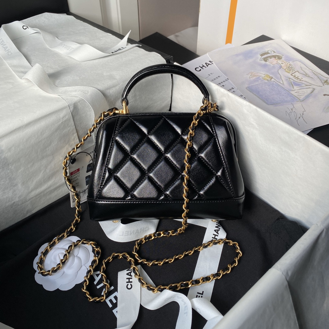 Ch*el MINI BAG WITH TOP HANDLE Shiny Lambskin & Gold-Tone Metal Black 12 × 18 × 7 cm