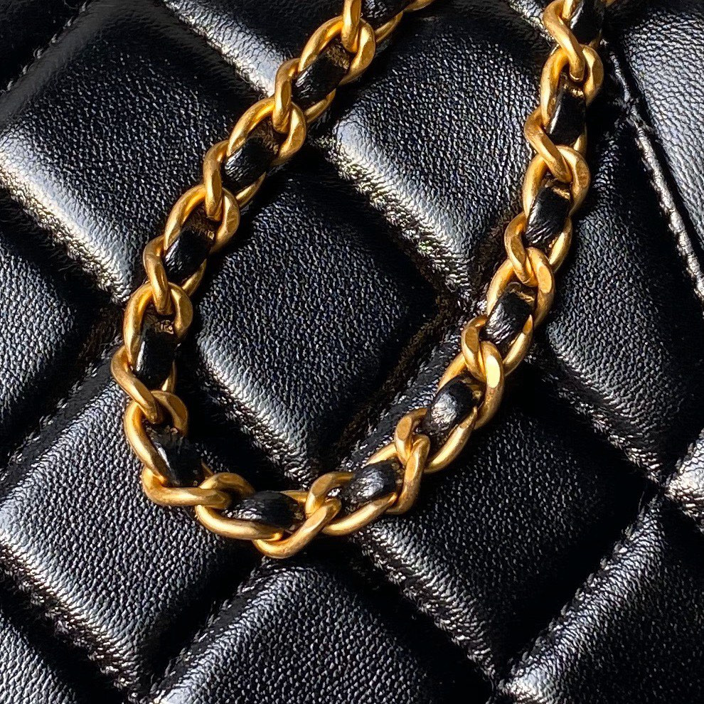 Ch*el MINI BAG WITH TOP HANDLE Shiny Lambskin & Gold-Tone Metal Black 12 × 18 × 7 cm
