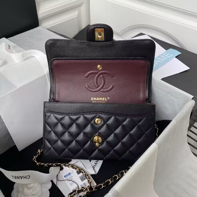 Ch*el SMALL CLASSIC HANDBAG Grained Calfskin & Gold-Tone Metal Black 5.7 × 9 × 2.3 in