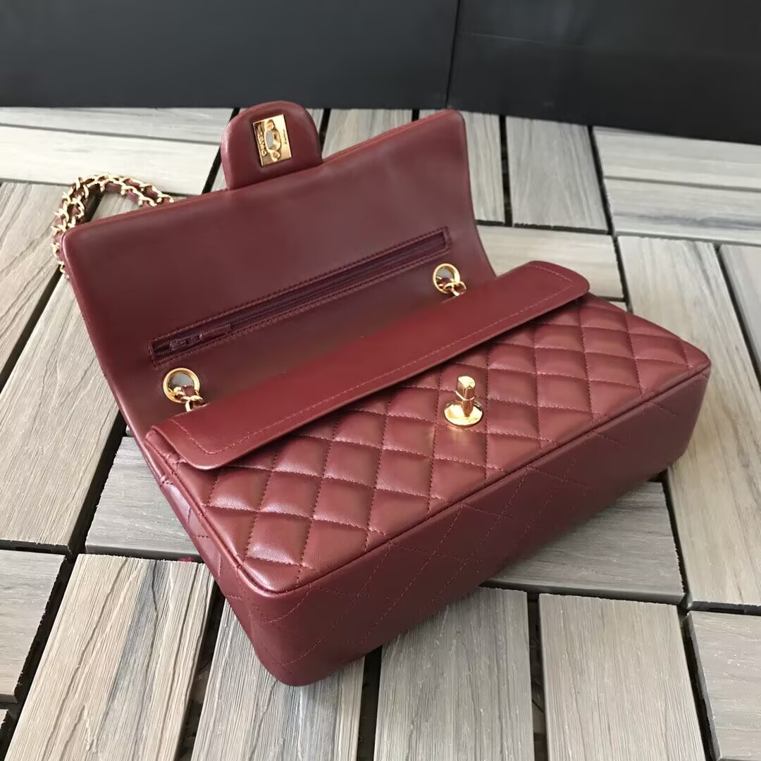 Ch*el CLASSIC 11.12 HANDBAG Lambskin &Brown Metal Burqundy 15.5 x 25.5 x 6.5 cm