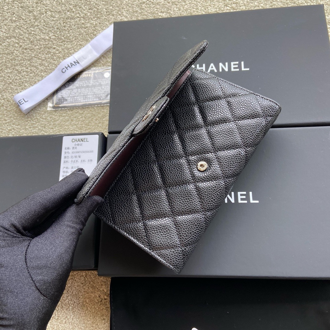 Ch*el FLAP WALLET GRAINED LEATHER BLACK 19.5 x10 cm