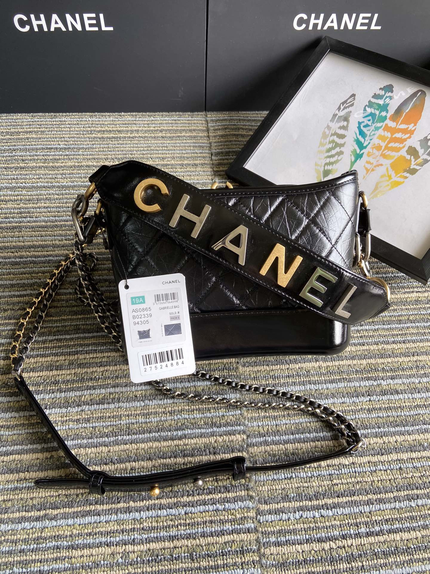 Ch*el Gabrielle SMALL BLACK with shoulder strap letters 20 x 15 x 8cm