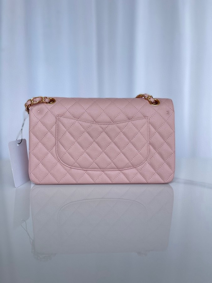 Ch*el CLASSIC HANDBAG GRAINED CALFSKIN & GOLD-TONE METAL PINK 6 × 9.9 × 2.5 in