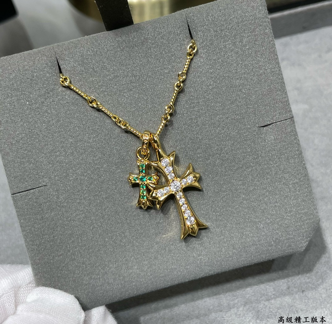 Chrome Heart Double Cross Green Diamond Necklace