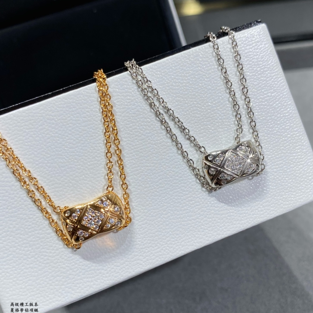 Ch*el Carved diamond with diamond Necklace
