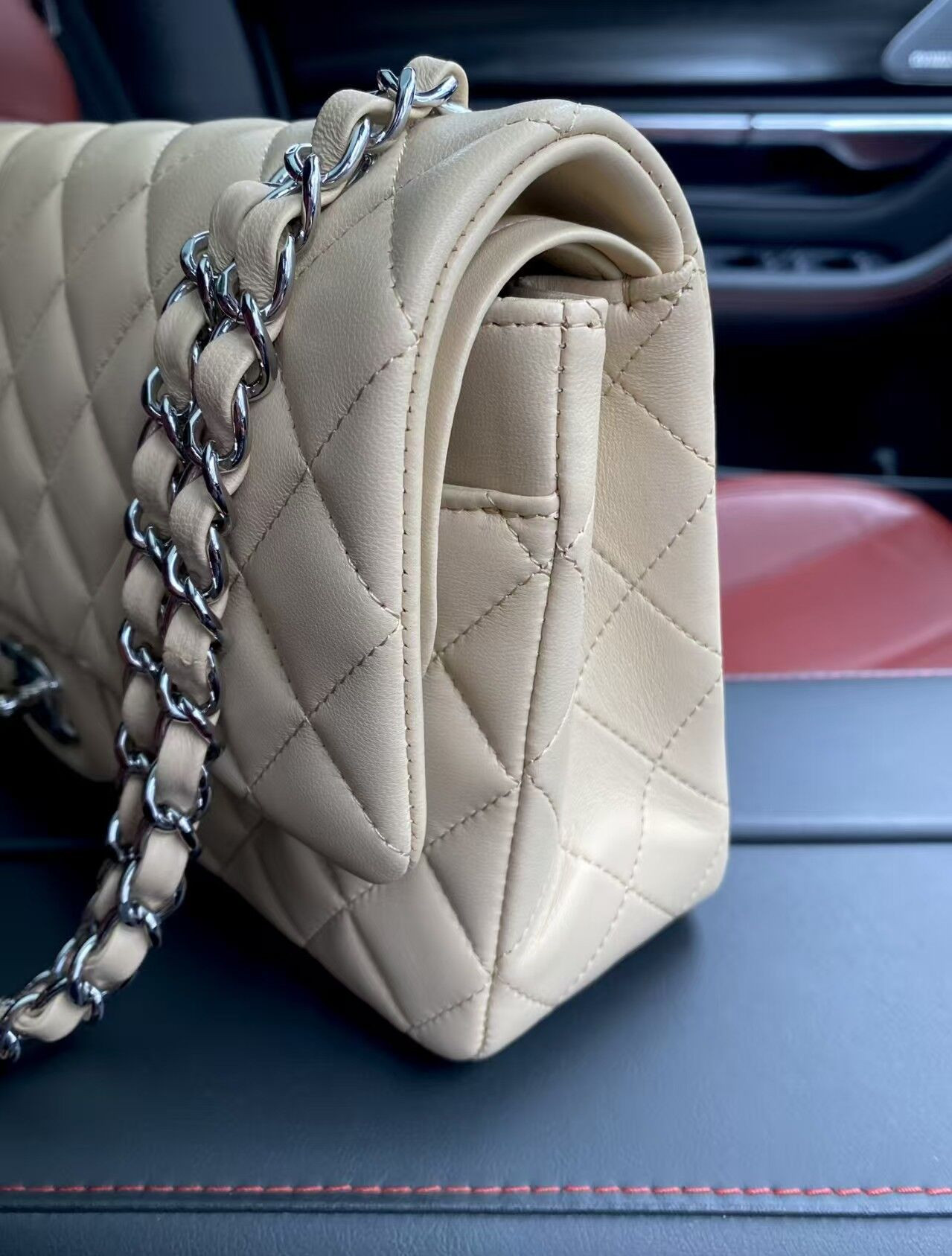 Ch*el classic flap jumbo 25cm cf khaki silver 15.5x25.5x6.5cm