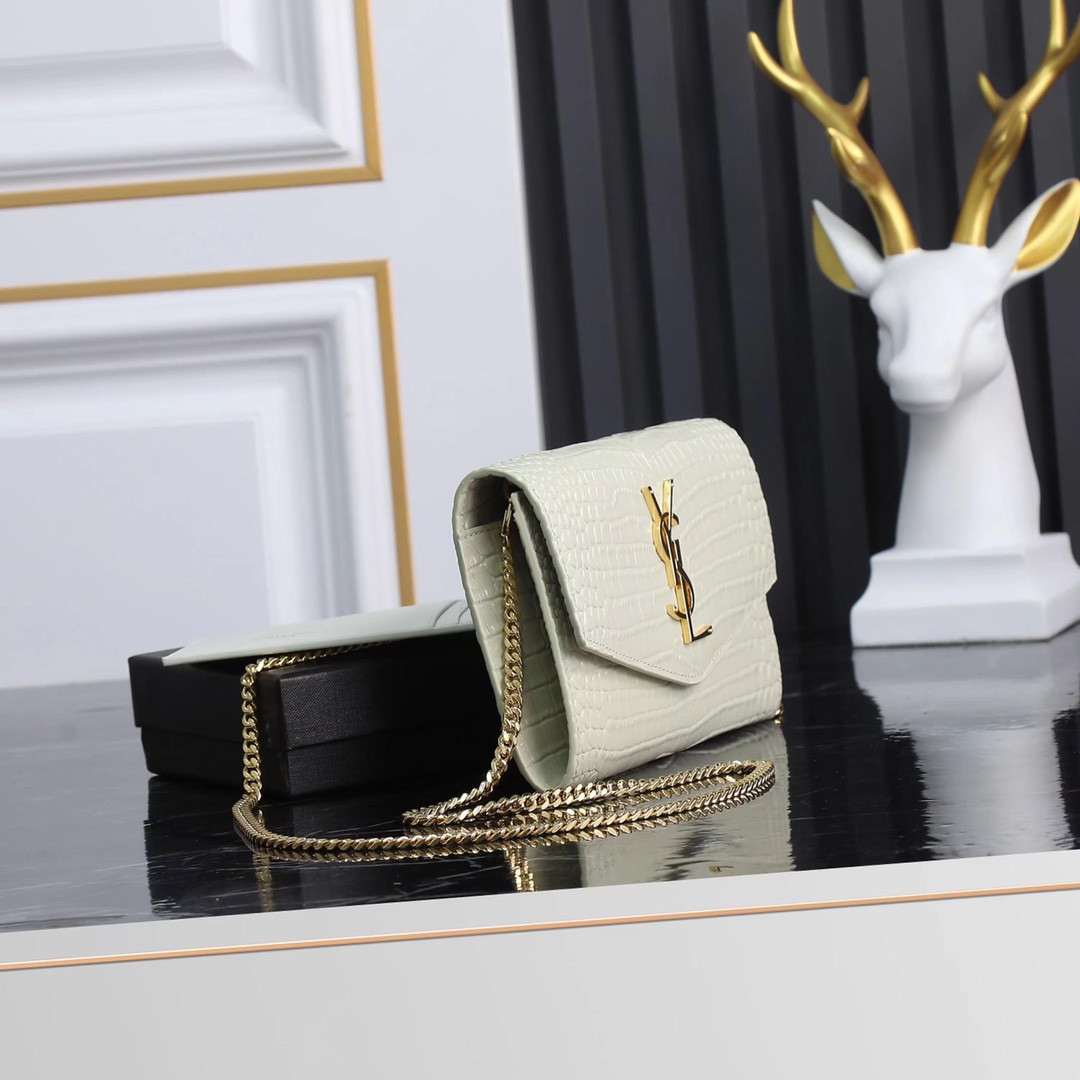 Y*L UPTOWN CHAIN WALLET IN CROCODILE-EMBOSSED SHINY LEATHER 7.5 X 4.7 X 1.2 INCHES