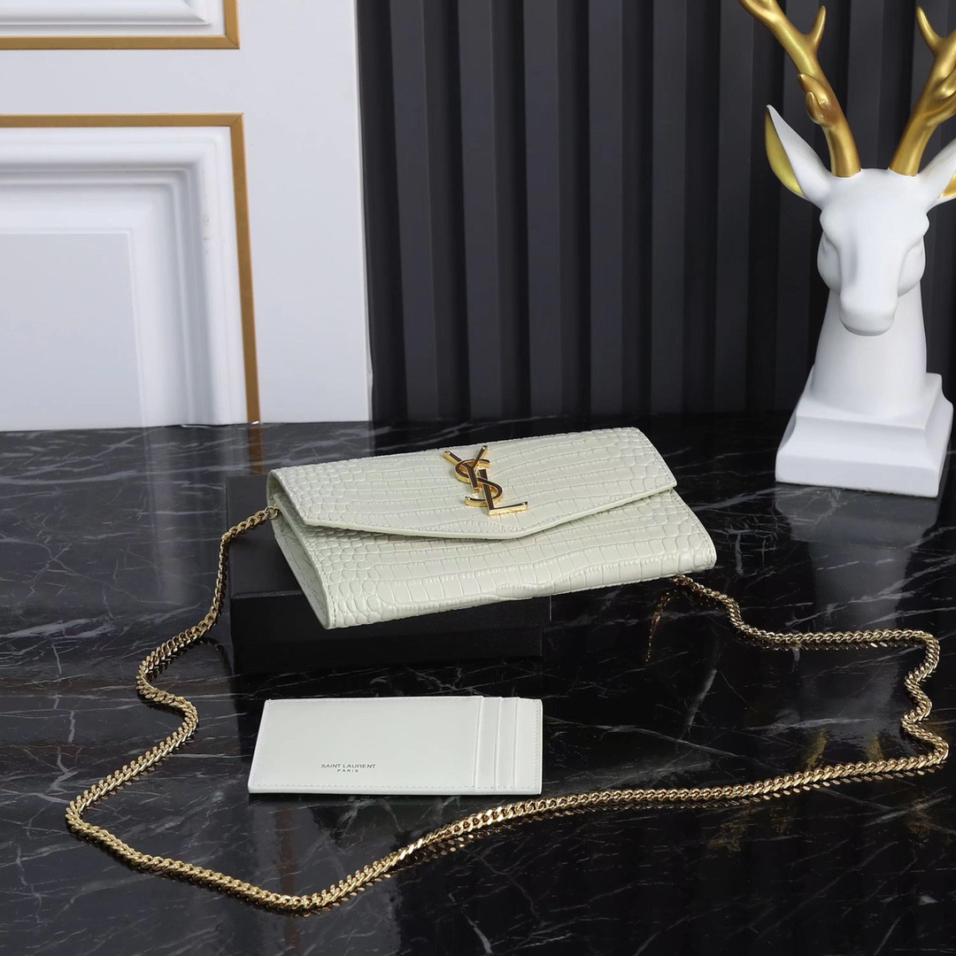 Y*L UPTOWN CHAIN WALLET IN CROCODILE-EMBOSSED SHINY LEATHER 7.5 X 4.7 X 1.2 INCHES