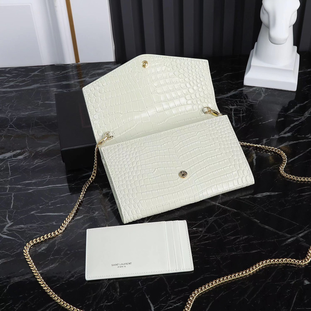 Y*L UPTOWN CHAIN WALLET IN CROCODILE-EMBOSSED SHINY LEATHER 7.5 X 4.7 X 1.2 INCHES