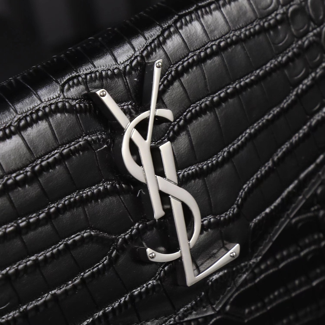 Y*L UPTOWN POUCH IN CROCODILE-EMBOSSED SHINY LEATHER BLACK 10.6 X 6.2 X 0.7 INCHES