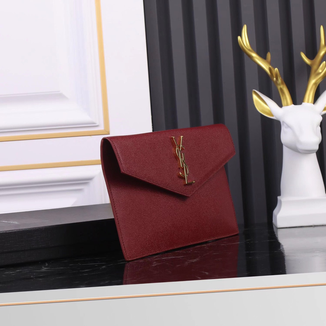 Y*L UPTOWN POUCH IN GRAIN DE POUDRE EMBOSSED LEATHER ROUGE OPYUM 10.6 X 6.2 X 0.7 INCHES