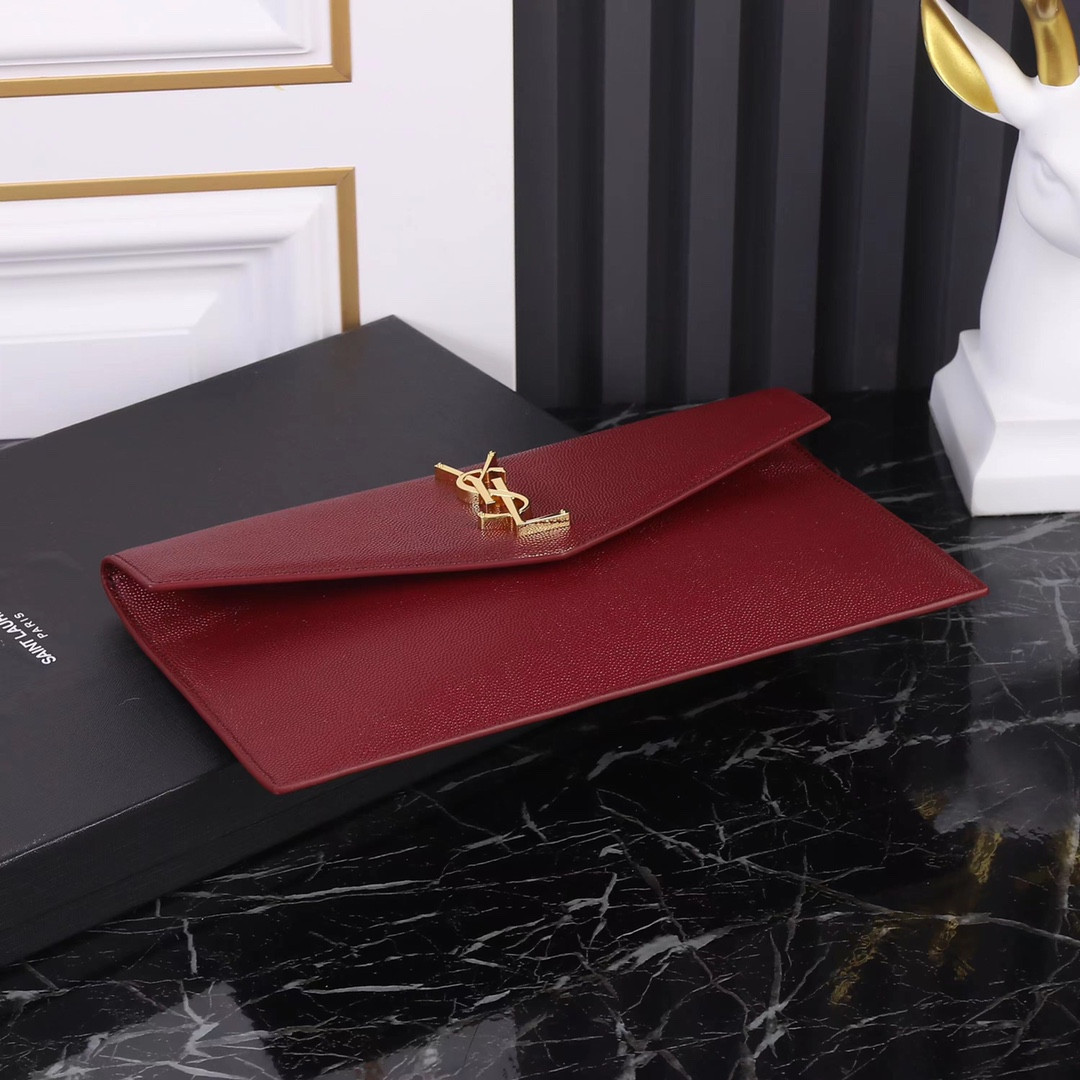 Y*L UPTOWN POUCH IN GRAIN DE POUDRE EMBOSSED LEATHER ROUGE OPYUM 10.6 X 6.2 X 0.7 INCHES