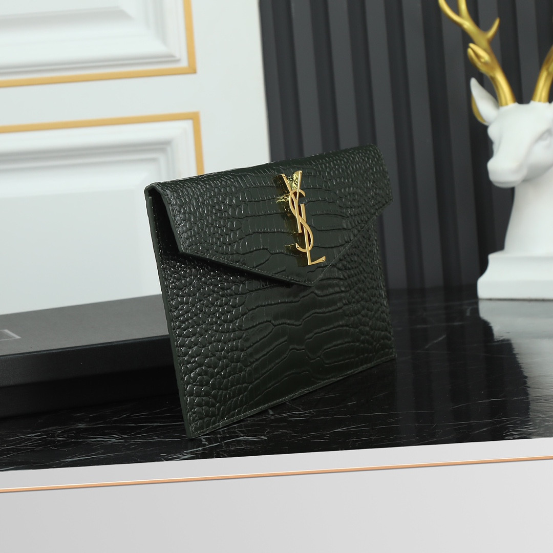 Y*L UPTOWN POUCH IN CROCODILE-EMBOSSED SHINY LEATHER BLACK 10.6 X 6.2 X 0.7 INCHES