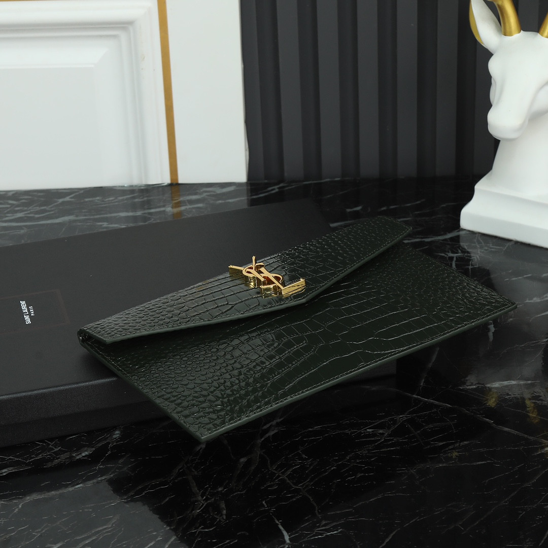 Y*L UPTOWN POUCH IN CROCODILE-EMBOSSED SHINY LEATHER BLACK 10.6 X 6.2 X 0.7 INCHES