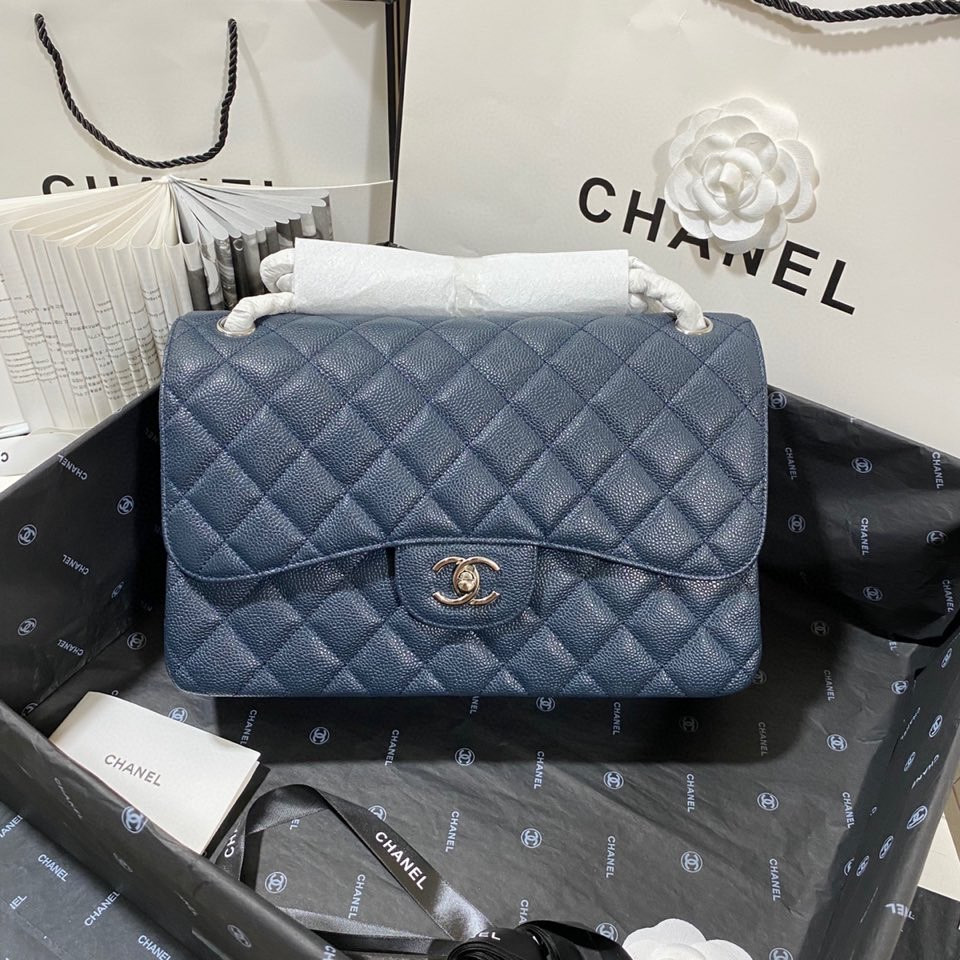 Ch*el Classic Flap Jumbo 30cm CF Blue Silver 7.6 × 11.7 × 3.9 in
