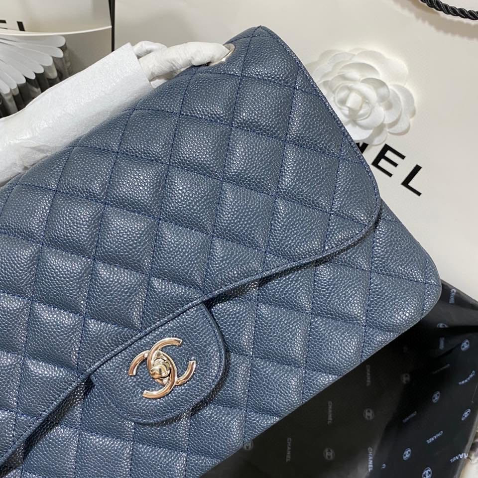 Ch*el Classic Flap Jumbo 30cm CF Blue Silver 7.6 × 11.7 × 3.9 in