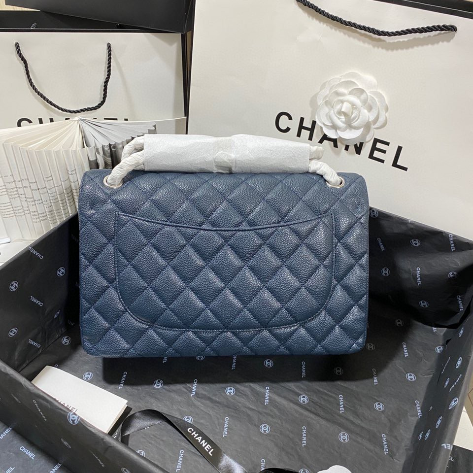 Ch*el Classic Flap Jumbo 30cm CF Blue Silver 7.6 × 11.7 × 3.9 in