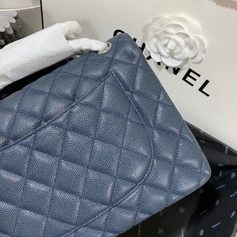 Ch*el Classic Flap Jumbo 30cm CF Blue Silver 7.6 × 11.7 × 3.9 in