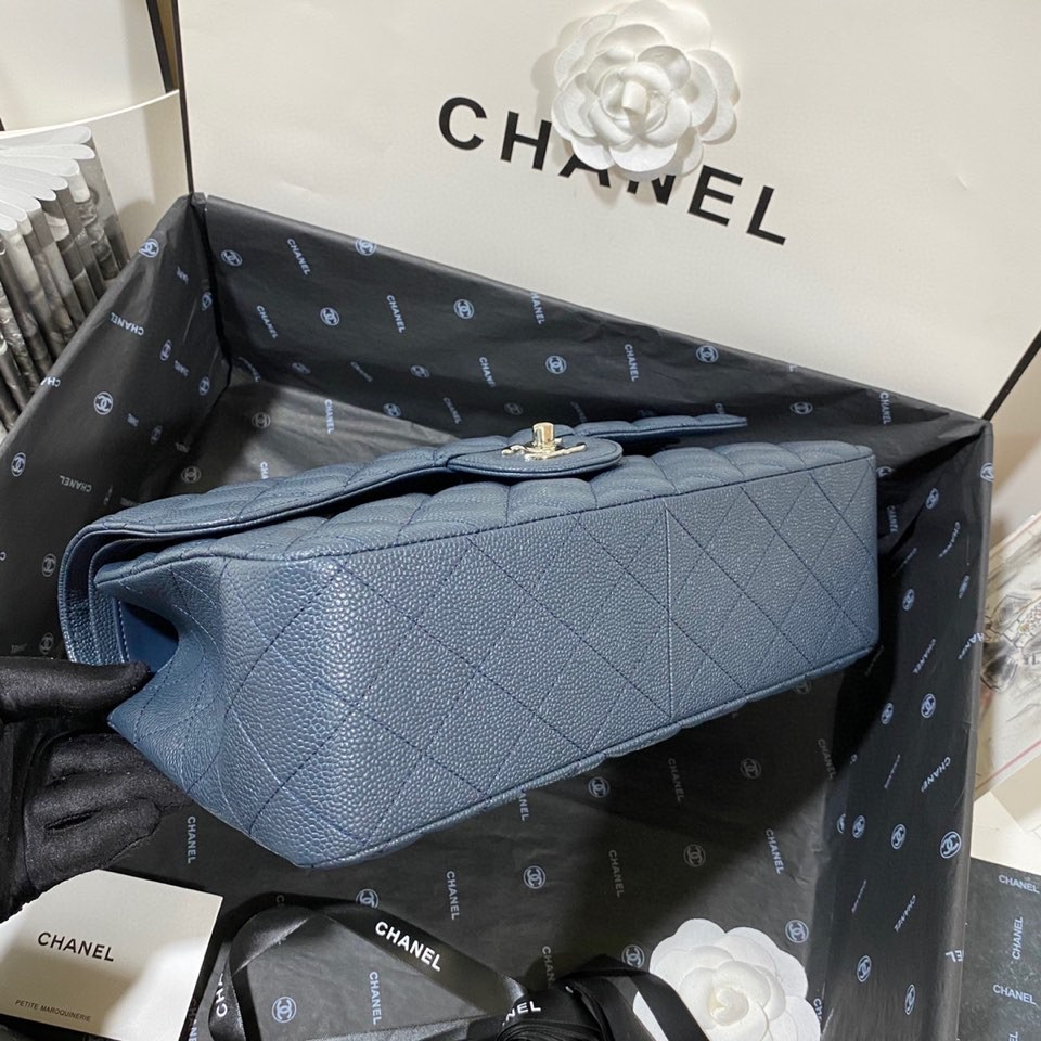 Ch*el Classic Flap Jumbo 30cm CF Blue Silver 7.6 × 11.7 × 3.9 in