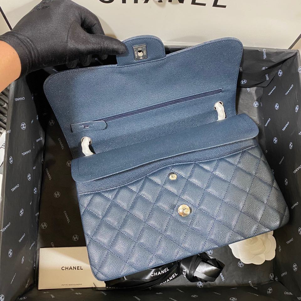Ch*el Classic Flap Jumbo 30cm CF Blue Silver 7.6 × 11.7 × 3.9 in