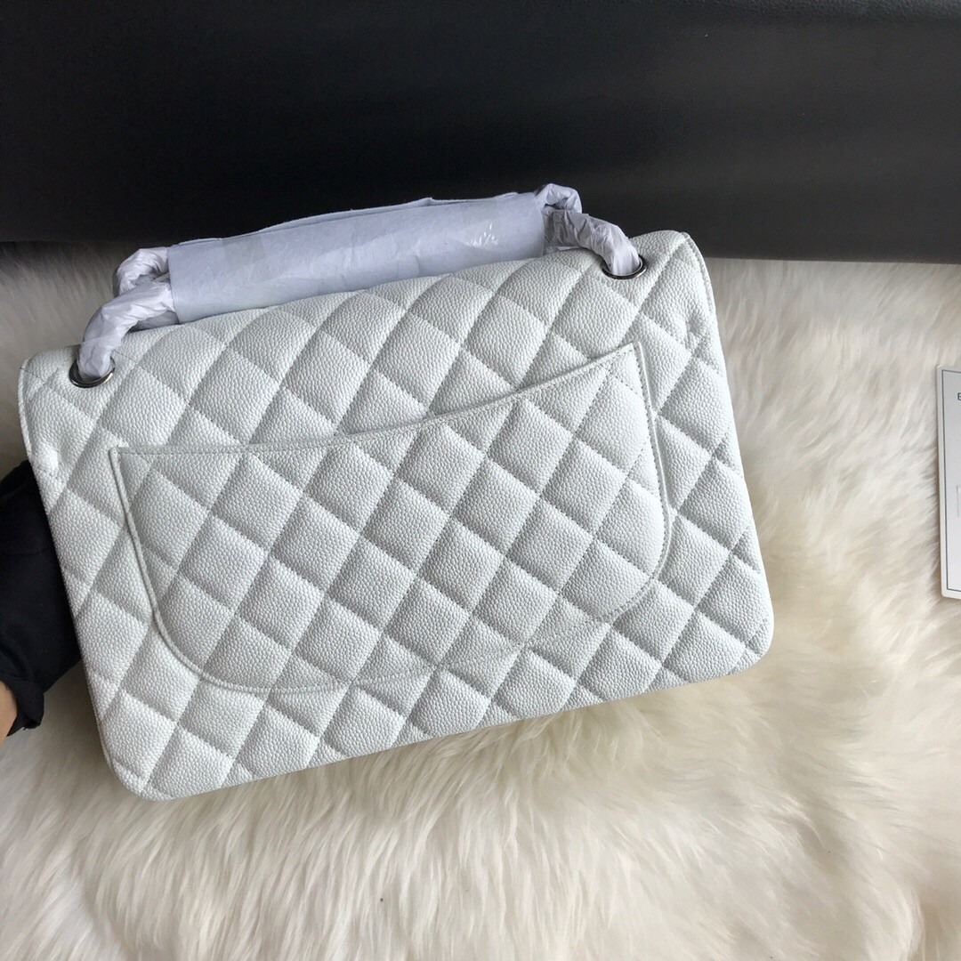 Ch*el Classic Flap Jumbo 30cm CF White Silver 7.6 × 11.7 × 3.9 in