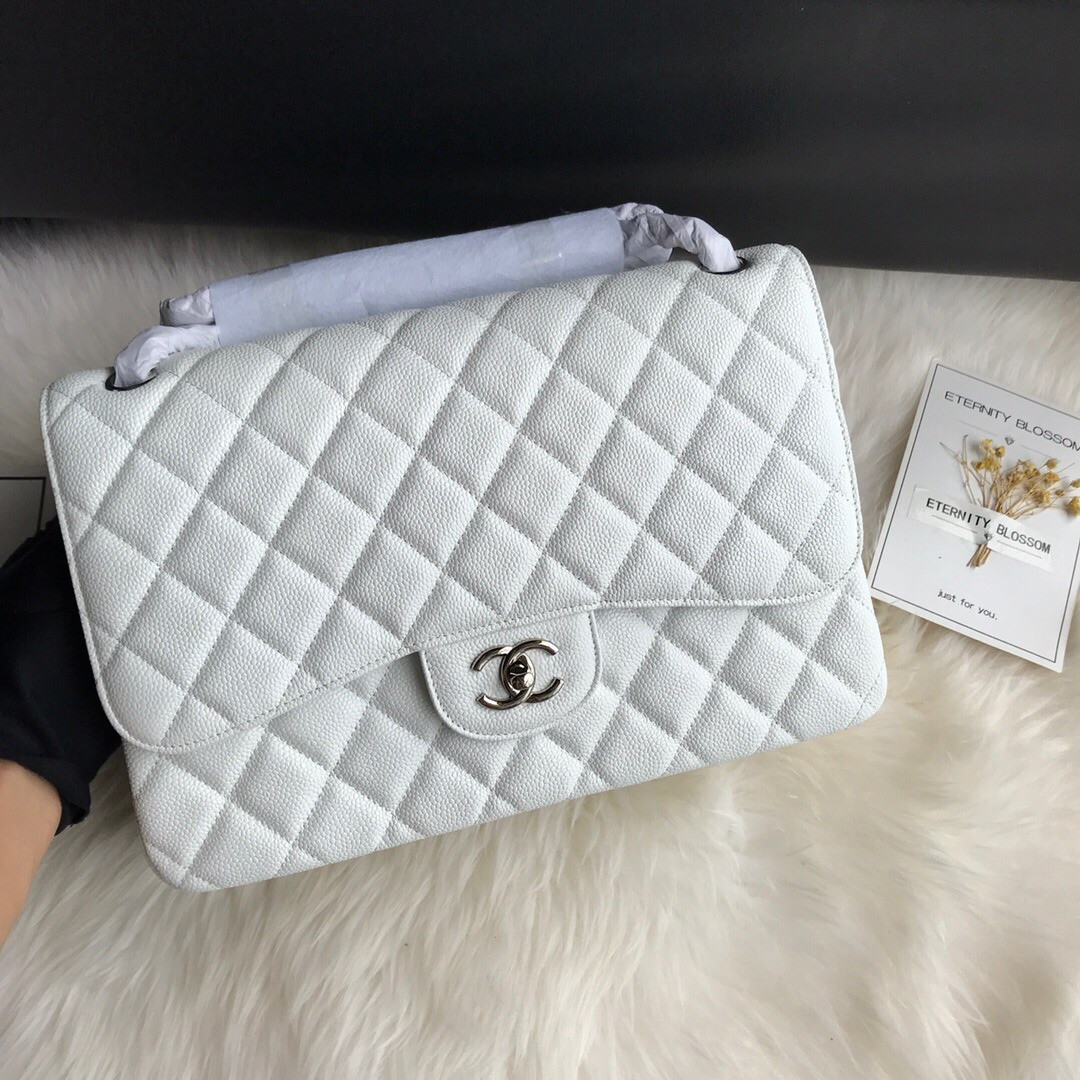 Ch*el Classic Flap Jumbo 30cm CF White Silver 7.6 × 11.7 × 3.9 in