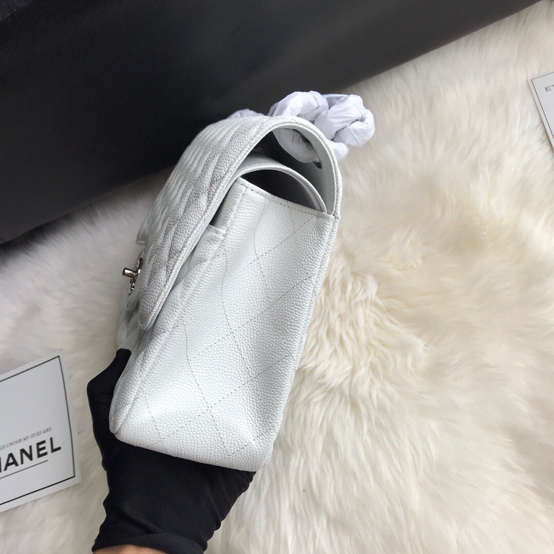 Ch*el Classic Flap Jumbo 30cm CF White Silver 7.6 × 11.7 × 3.9 in