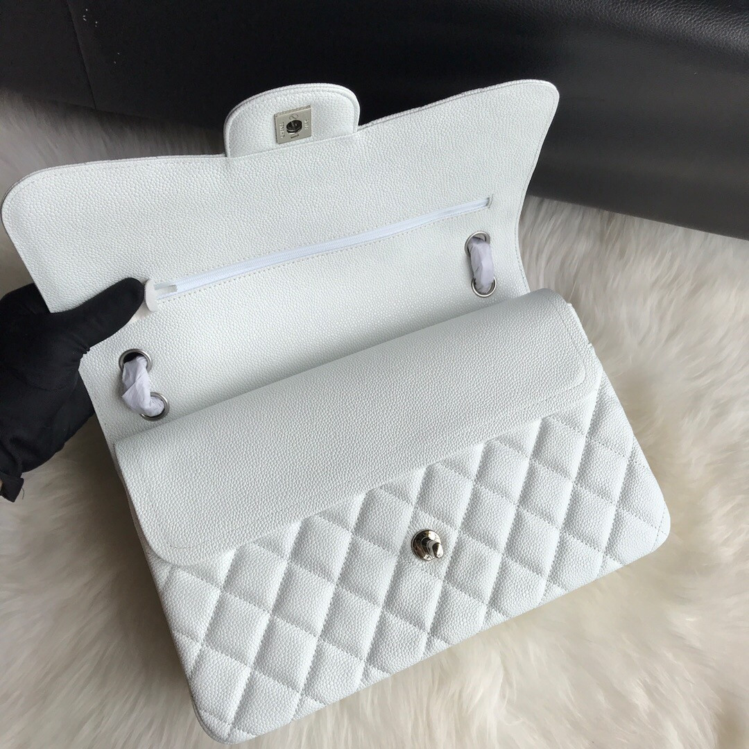 Ch*el Classic Flap Jumbo 30cm CF White Silver 7.6 × 11.7 × 3.9 in