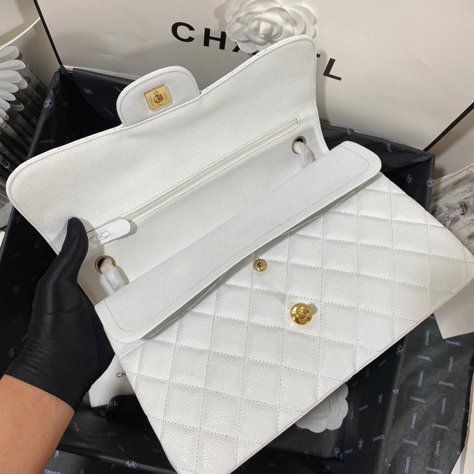 Ch*el Classic Flap Jumbo 30cm CF White Gold 7.6 × 11.7 × 3.9 in