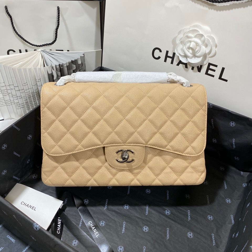 Ch*el Classic Flap Jumbo 30cm CF Khaki Silver 7.6 × 11.7 × 3.9 in