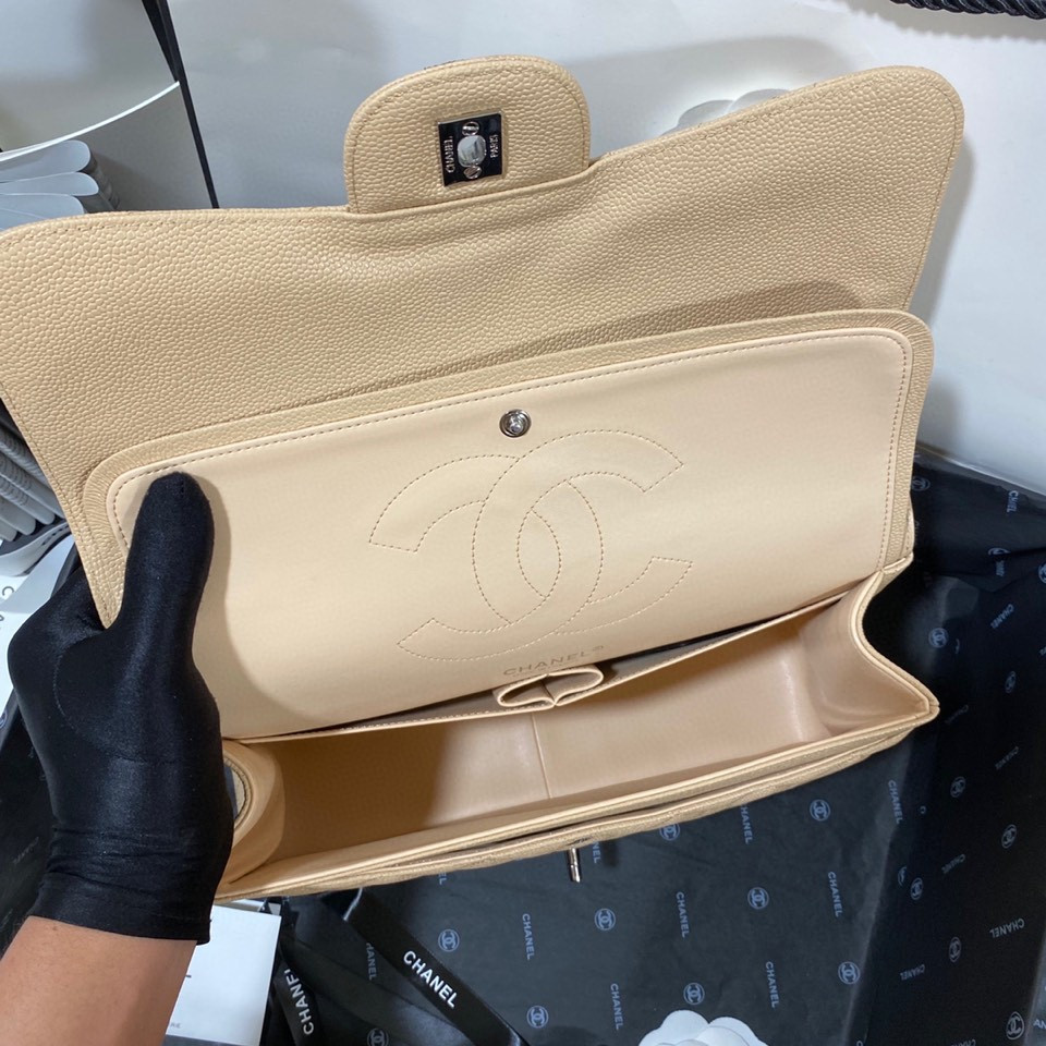 Ch*el Classic Flap Jumbo 30cm CF Khaki Silver 7.6 × 11.7 × 3.9 in