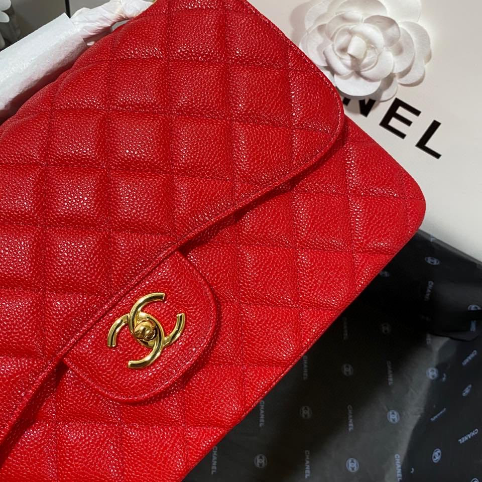 Ch*el Classic Flap Jumbo 30cm CF Red Gold 7.6 × 11.7 × 3.9 in