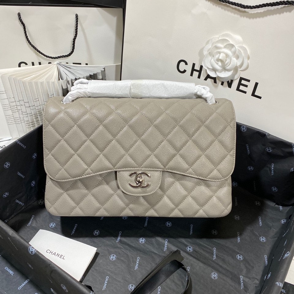 Ch*el Classic Flap Jumbo 30cm CF Grey Silver 7.6 × 11.7 × 3.9 in