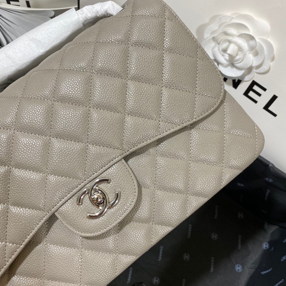 Ch*el Classic Flap Jumbo 30cm CF Grey Silver 7.6 × 11.7 × 3.9 in