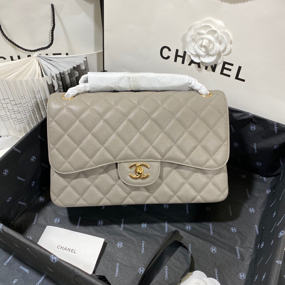 Ch*el Classic Flap Jumbo 30cm CF Grey Gold 7.6 × 11.7 × 3.9 in