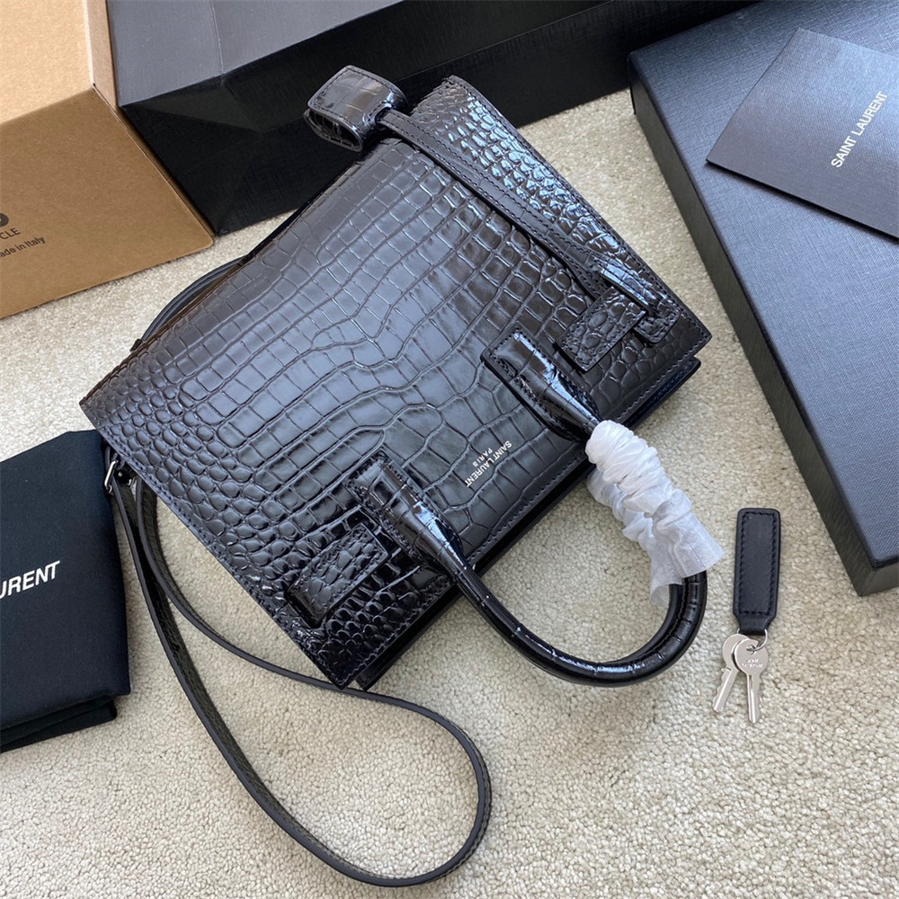 Y*L SAC DE JOUR NANO IN CROCODILE EMBOSSED LEATHER BLACK 8.6 X 6.8 X 3.5 INCHES