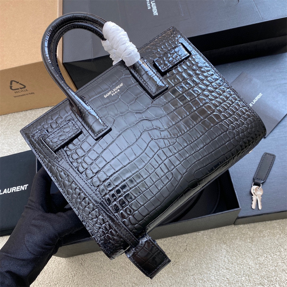 Y*L SAC DE JOUR NANO IN CROCODILE EMBOSSED LEATHER BLACK 8.6 X 6.8 X 3.5 INCHES
