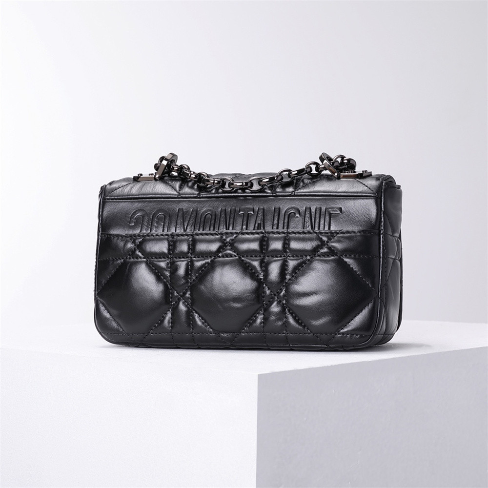 LARGE D*0r CARO BAG Black S*pple Cannage Calfskin With Silver Hardware 29 x 18 x 10 cm