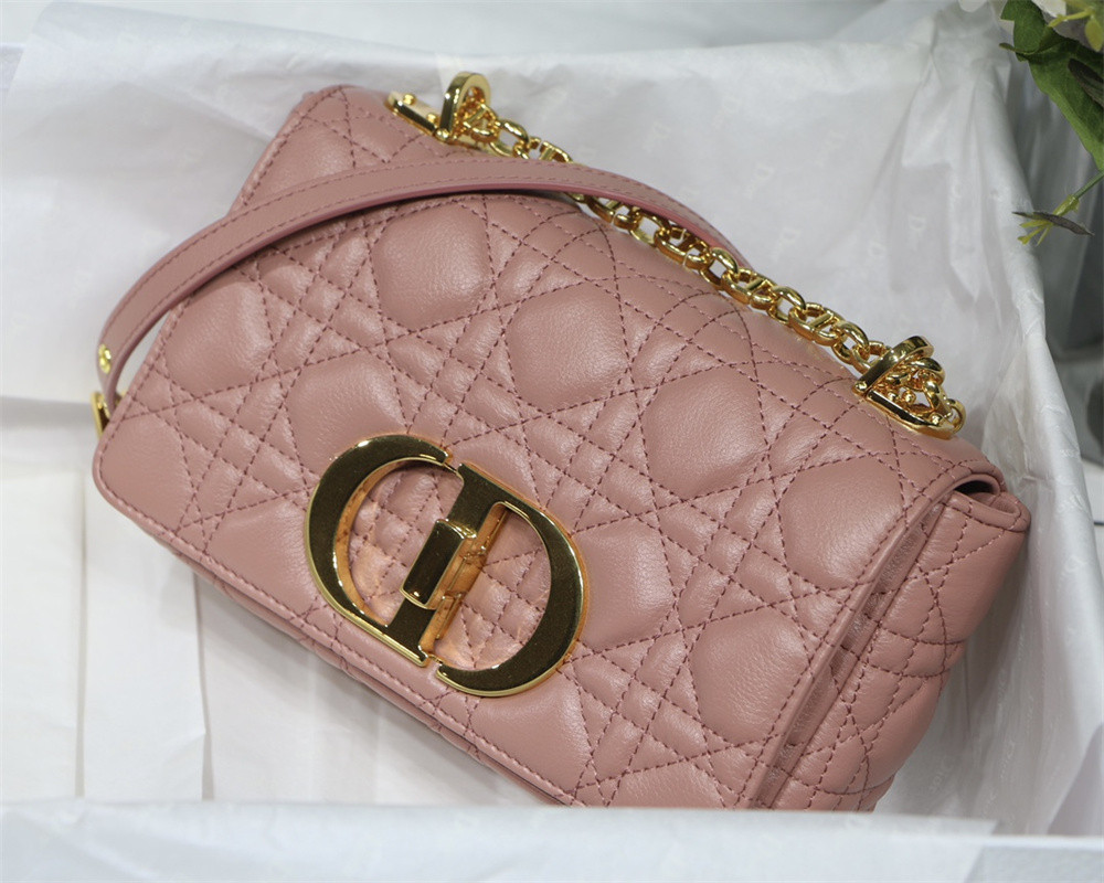 SMALL D*0r CARO BAG PINK S*pple Cannage Calfskin With Silver Hardware 20 x 12 x 7 cm