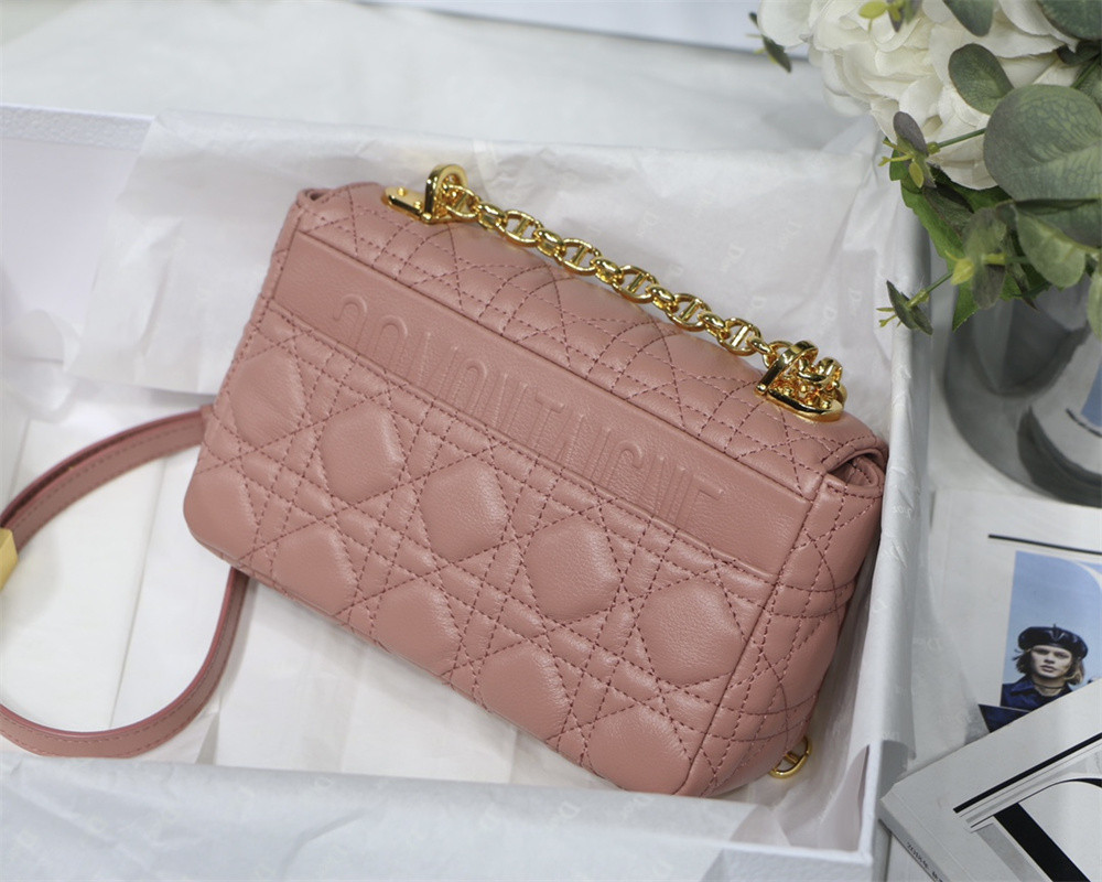 SMALL D*0r CARO BAG PINK S*pple Cannage Calfskin With Silver Hardware 20 x 12 x 7 cm
