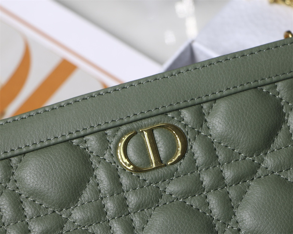 D*0r CARO ZIPPED POUCH WITH CHAIN Green S*pple Cannage Calfskin 19 x 14 x 4.5 cm