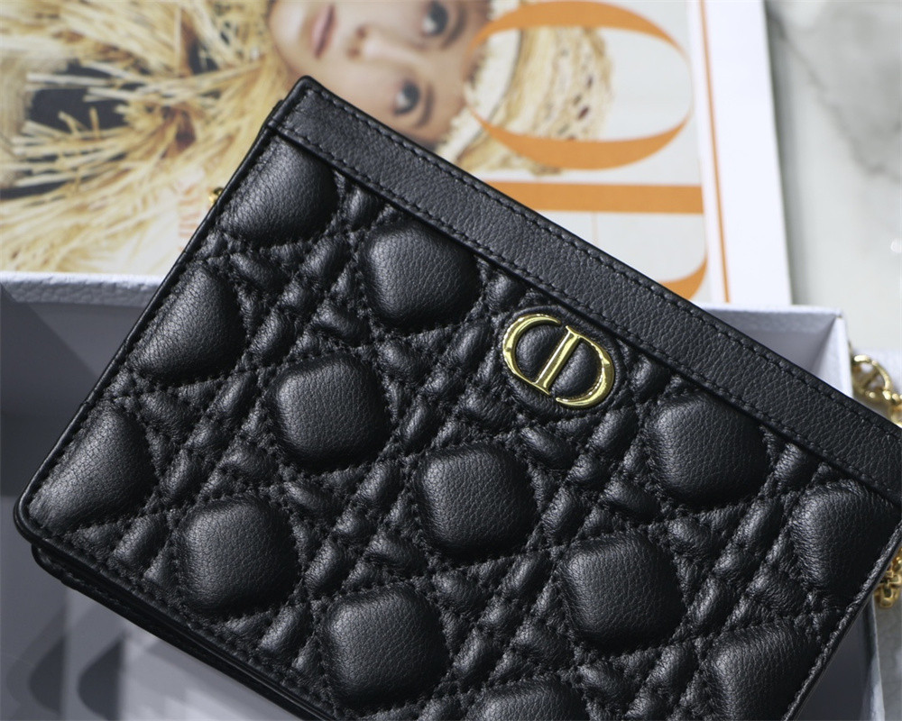 D*0r CARO ZIPPED POUCH WITH CHAIN Black S*pple Cannage Calfskin 19 x 14 x 4.5 cm
