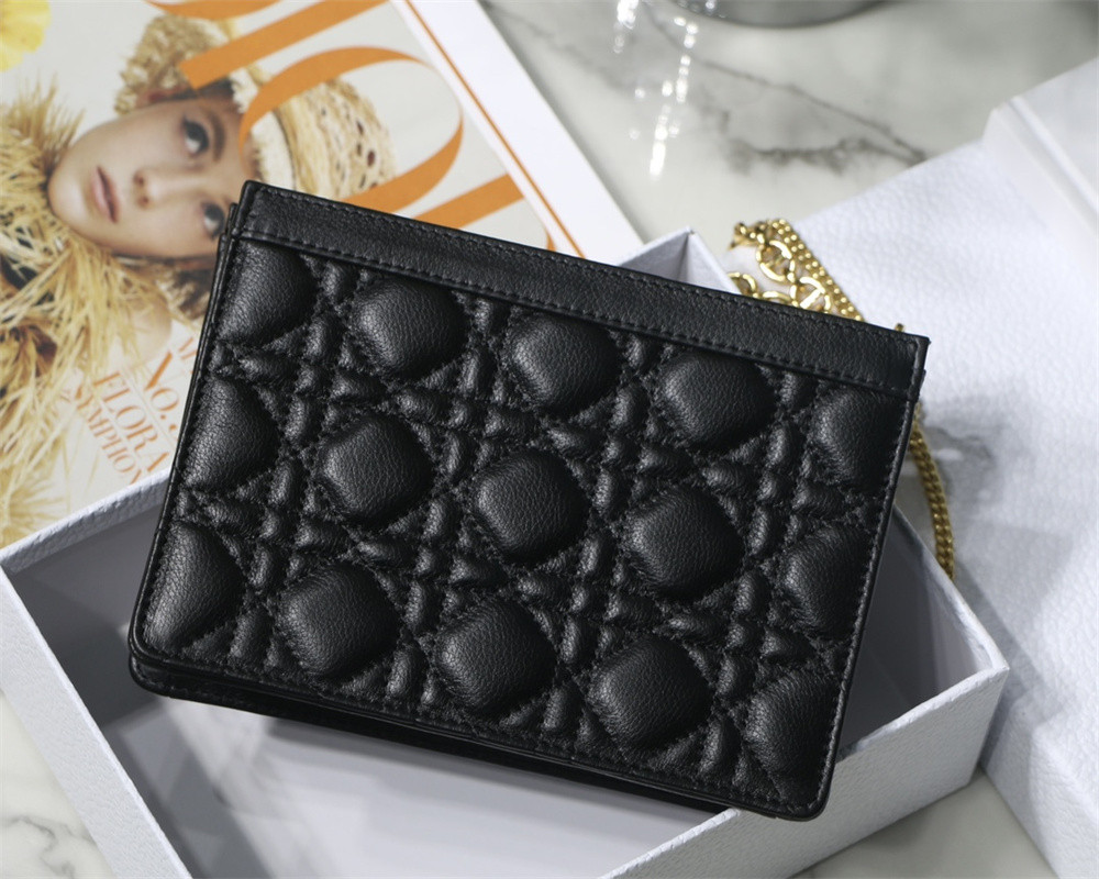 D*0r CARO ZIPPED POUCH WITH CHAIN Black S*pple Cannage Calfskin 19 x 14 x 4.5 cm